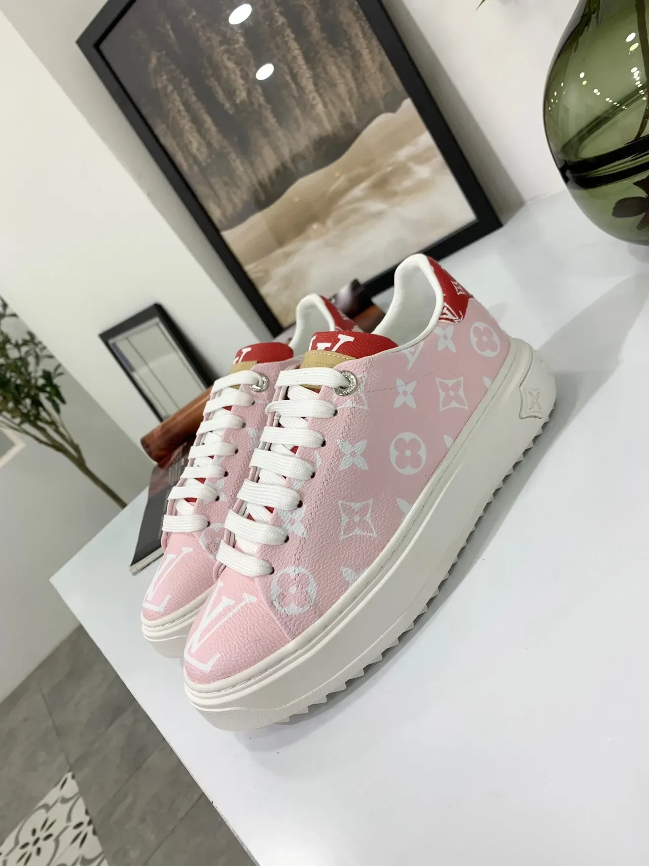 Louis Vuitton Pink Red Monogram-Print Leather Low-Top Lifestyle Sneakers 2