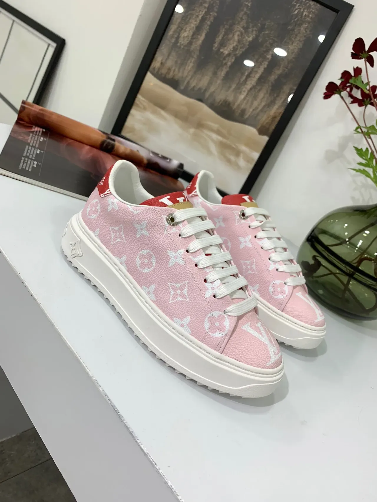 Louis Vuitton Pink Red Monogram-Print Leather Low-Top Lifestyle Sneakers 3
