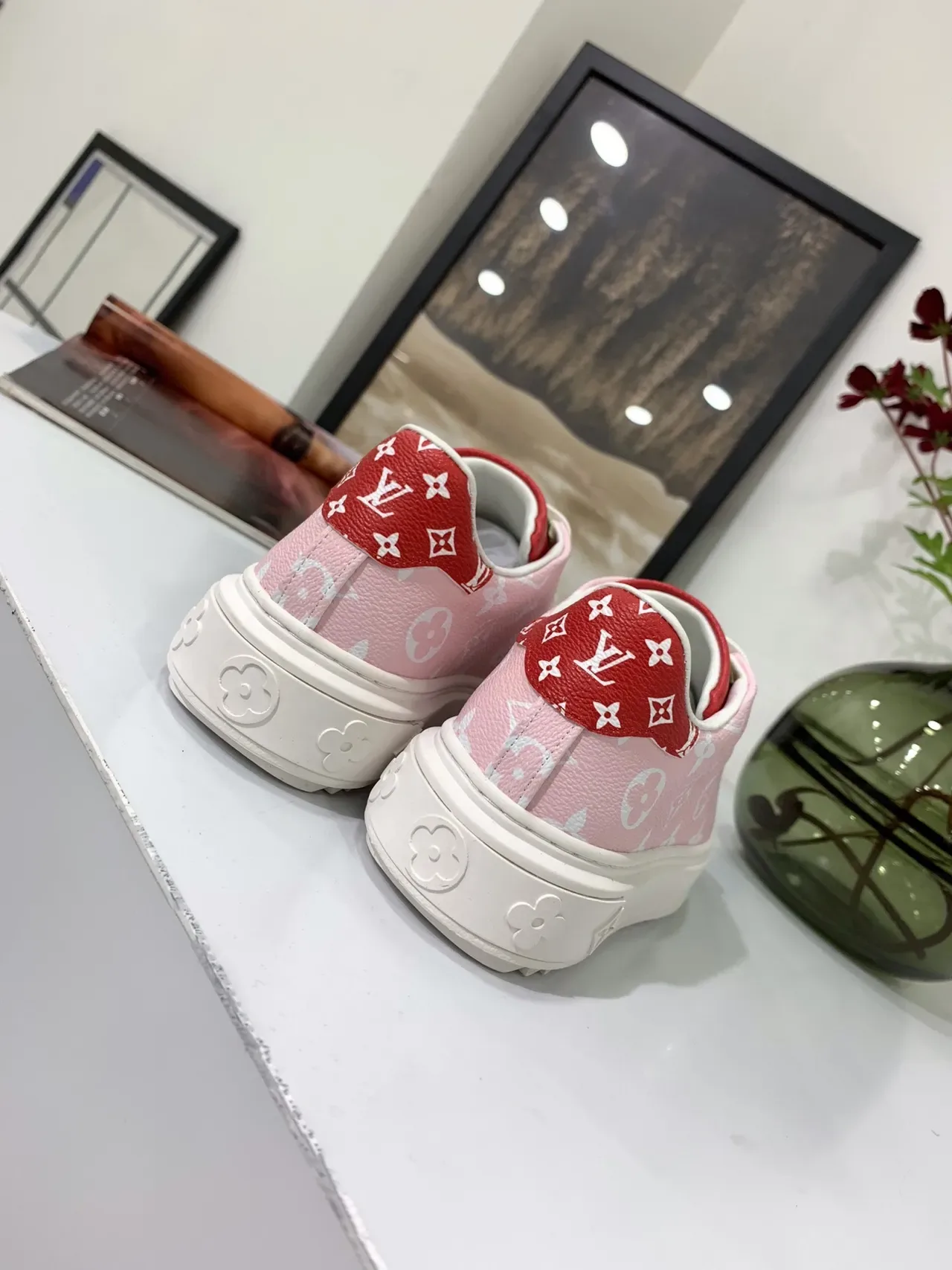 Louis Vuitton Pink Red Monogram-Print Leather Low-Top Lifestyle Sneakers 4