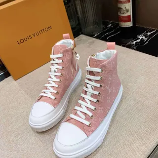 Louis Vuitton Tênis Rosa Branco de Alta com Monograma de Lona