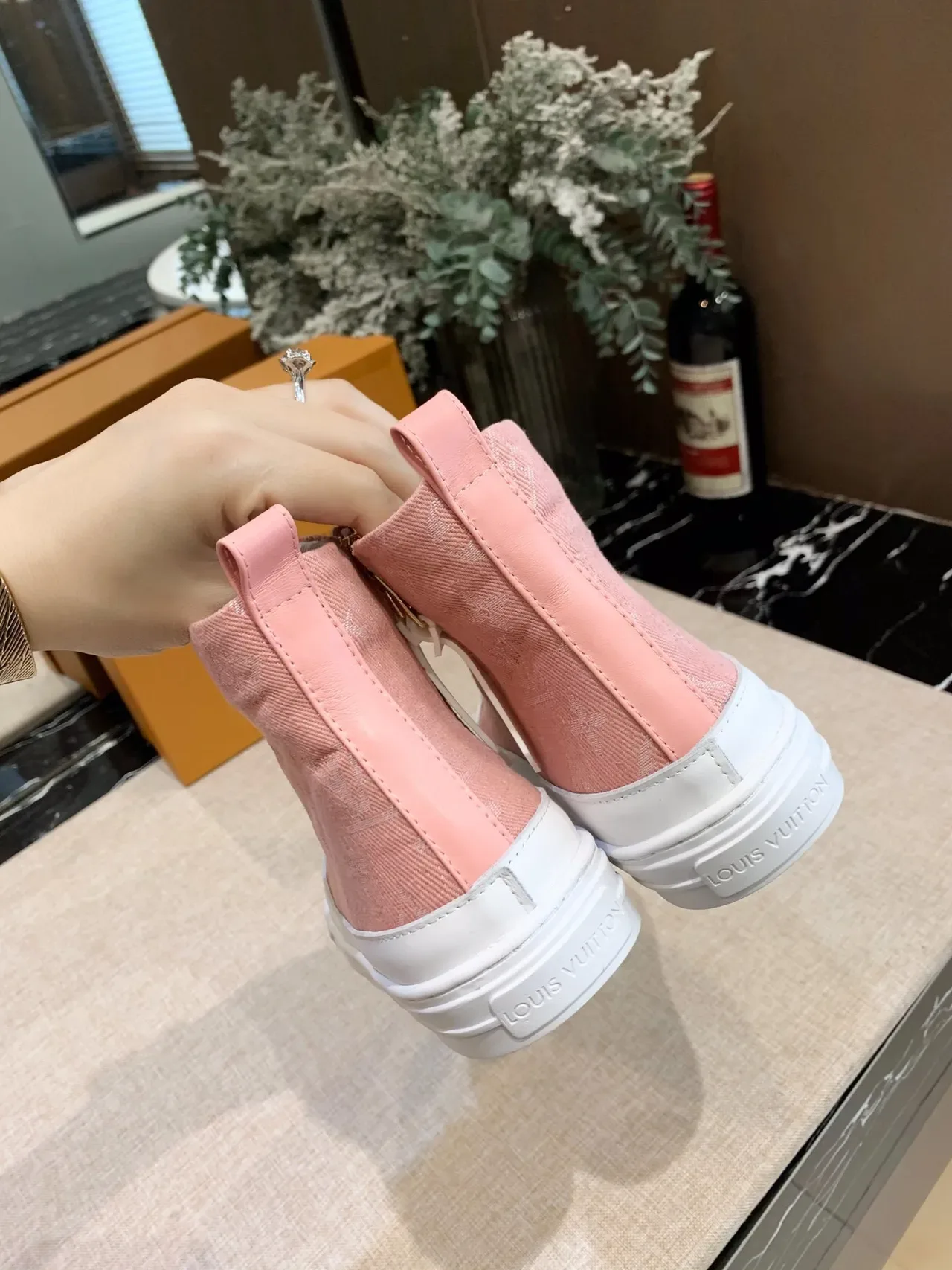 Louis Vuitton Pink White High-Top Monogram Canvas Sneakers 2