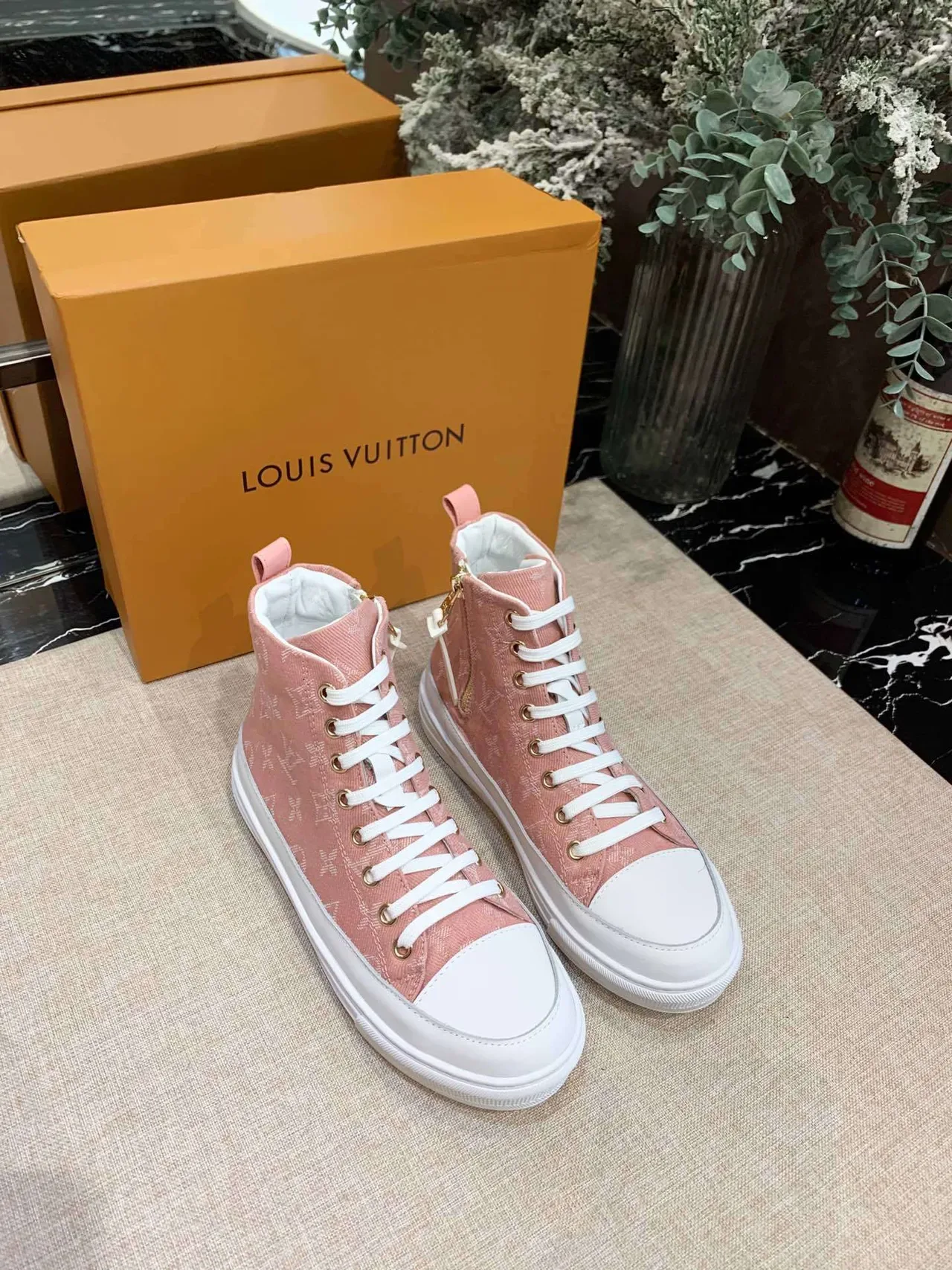 Louis Vuitton Pink White High-Top Monogram Canvas Sneakers 3
