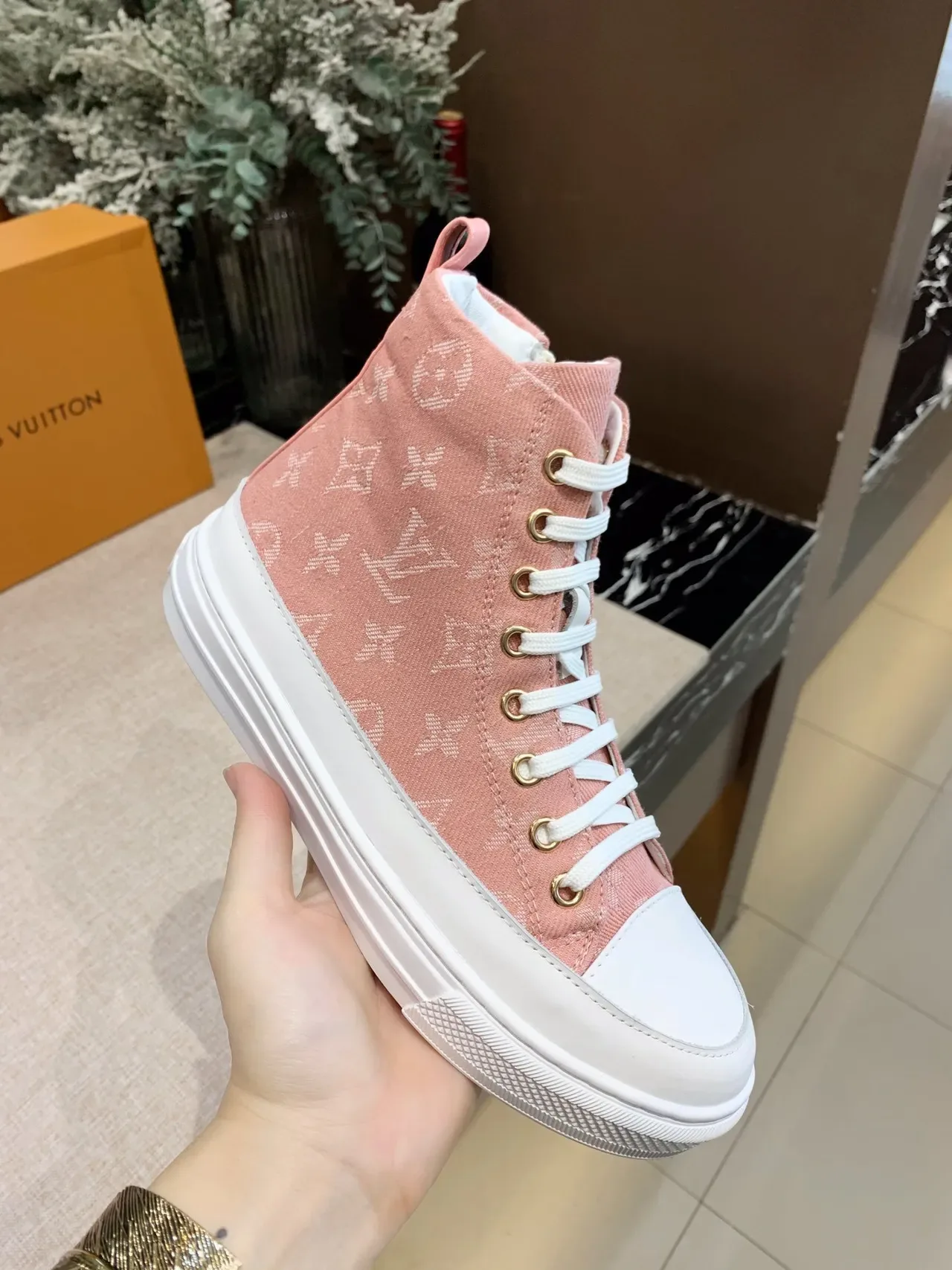 Louis Vuitton Pink White High-Top Monogram Canvas Sneakers 4