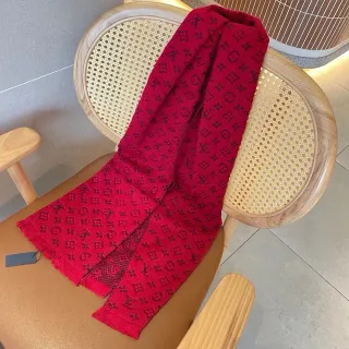Louis Vuitton Red Brown Monogram Jacquard Fringed Edges Cashmere Scarf