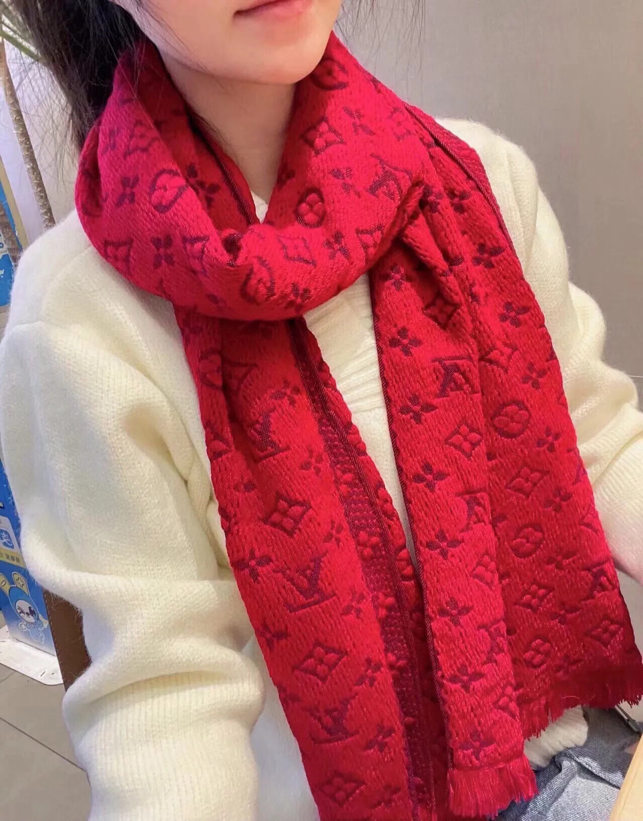 Louis Vuitton Red Brown Monogram Jacquard Fringed Edges Cashmere Scarf 8