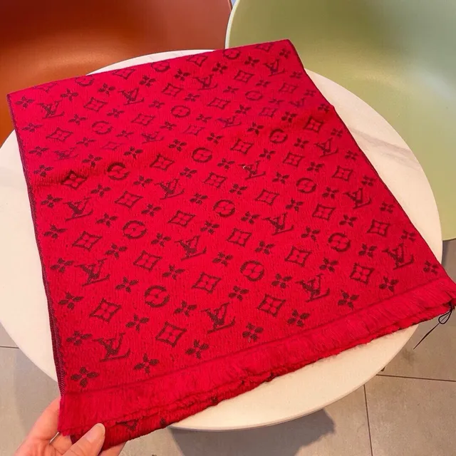 Louis Vuitton Red Brown Monogram Jacquard Fringed Edges Cashmere Scarf 9