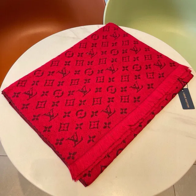Louis Vuitton Red Brown Monogram Jacquard Fringed Edges Cashmere Scarf 3