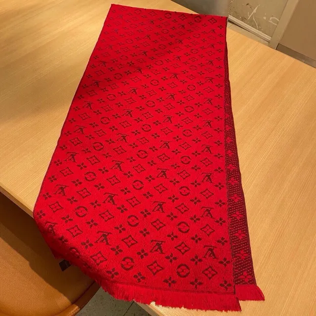 Louis Vuitton Red Brown Monogram Jacquard Fringed Edges Cashmere Scarf 4