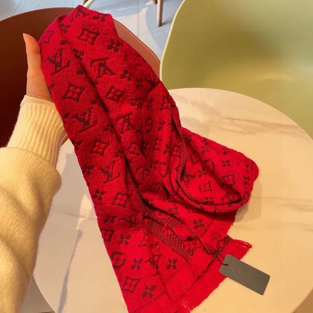 Louis Vuitton Red Brown Monogram Jacquard Fringed Edges Cashmere Scarf 6