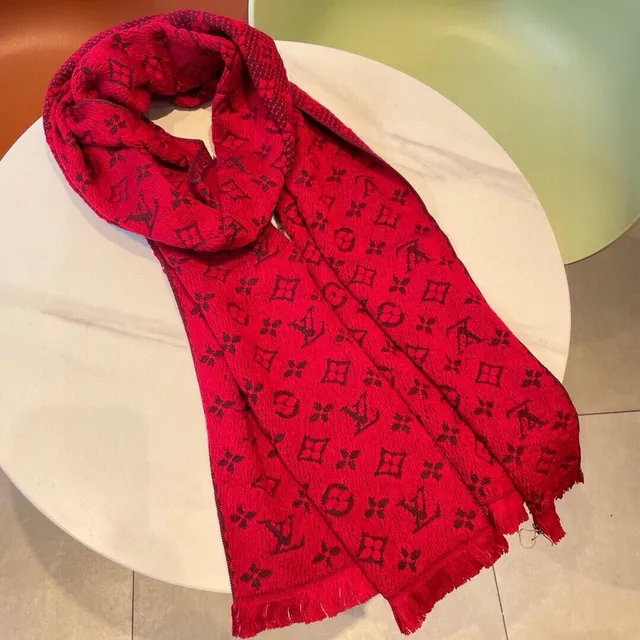 Louis Vuitton Red Brown Monogram Jacquard Fringed Edges Cashmere Scarf 7