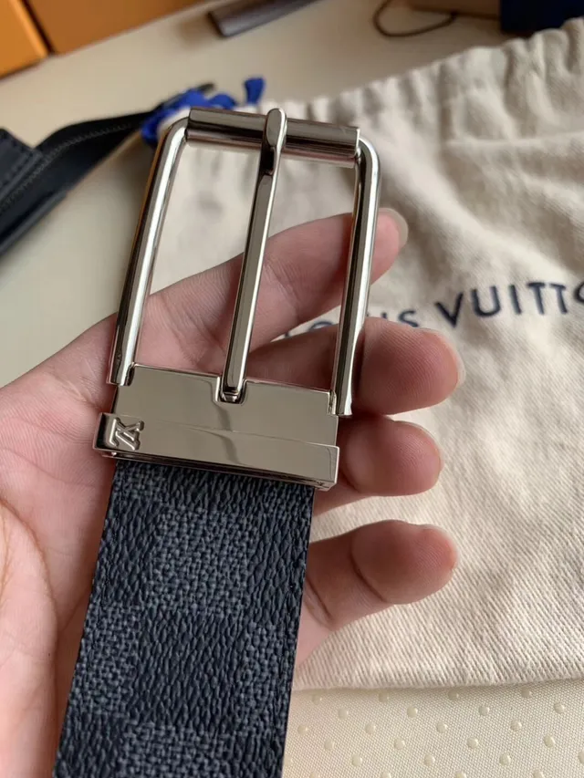 Louis Vuitton Reversible Belt Navy Silver Textured Monogram Canvas Leather Belt 5