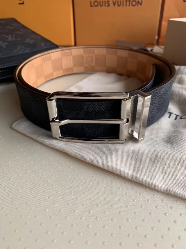 Louis Vuitton Reversible Belt Navy Silver Textured Monogram Canvas Leather Belt 9