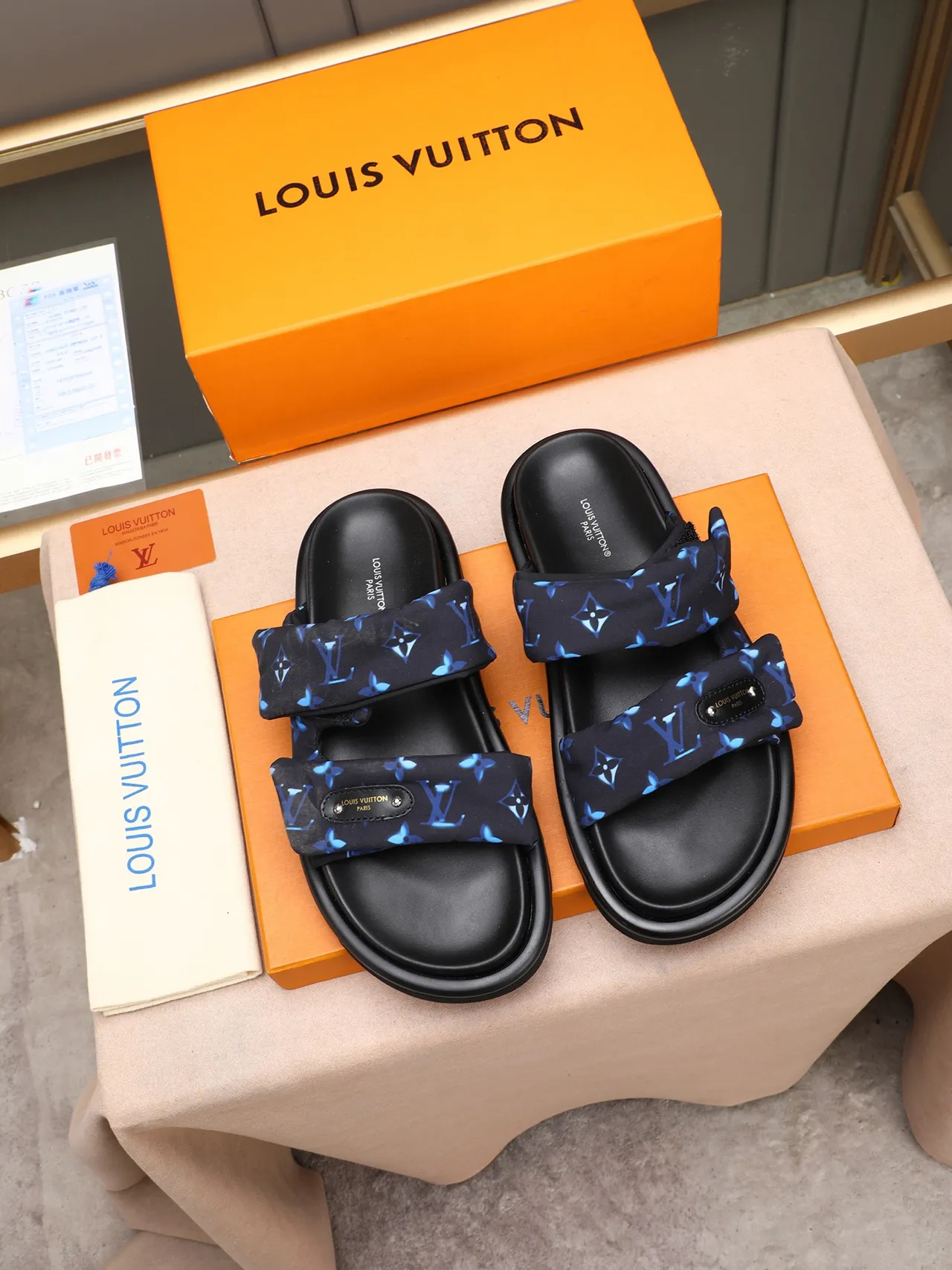 Louis Vuitton Run Away Black Blue Padded Fabric Straps Monogram-Printed Slippers 2