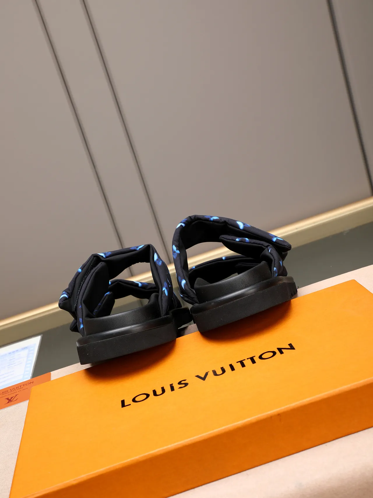 Louis Vuitton Run Away Black Blue Padded Fabric Straps Monogram-Printed Slippers 3
