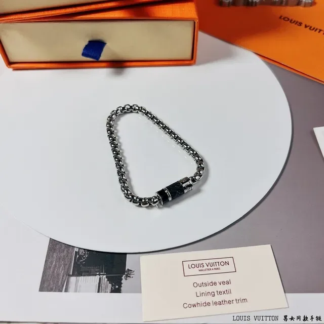 Louis Vuitton Silver Black Beaded Chain Monogrammed Cylinder Clasp Bracelet 9