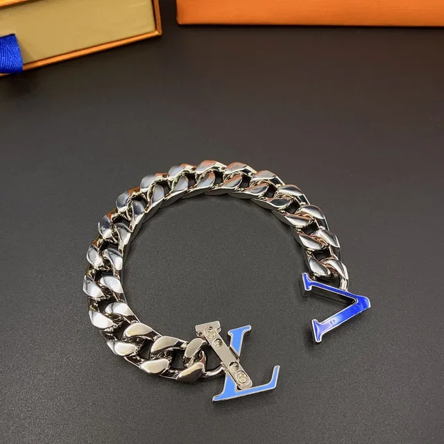 Louis Vuitton Silver Blue Chunky Curb-Link Chain Enameled Monogram Pendant Necklace 4