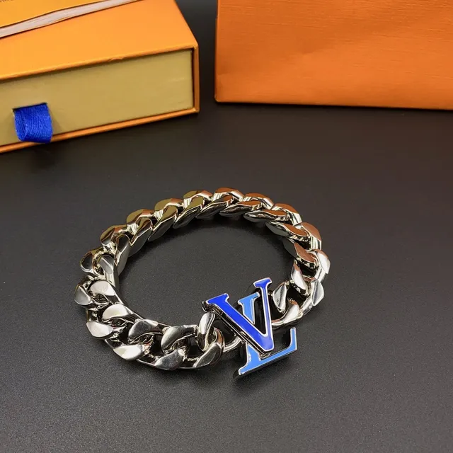 Louis Vuitton Silver Blue Chunky Curb-Link Chain Enameled Monogram Pendant Necklace 5
