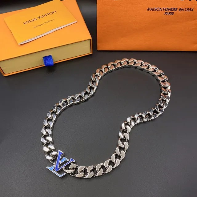 Louis Vuitton Silver Blue Chunky Curb-Link Chain Enameled Monogram Pendant Necklace 6