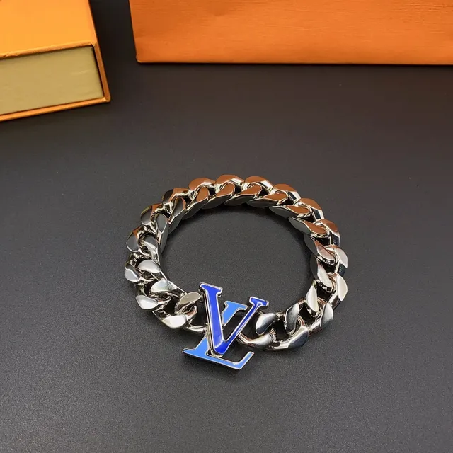 Louis Vuitton Silver Blue Chunky Curb-Link Chain Enameled Monogram Pendant Necklace 9