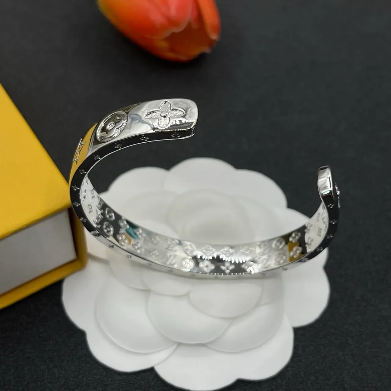 Louis Vuitton Silver Blue Polished Open Cuff Bracelet 4
