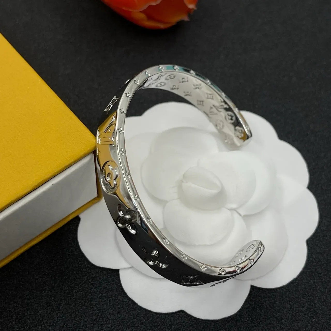 Louis Vuitton Silver Blue Polished Open Cuff Bracelet 5
