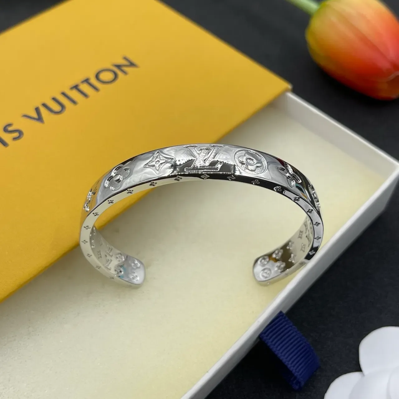 Louis Vuitton Silver Blue Polished Open Cuff Bracelet 6