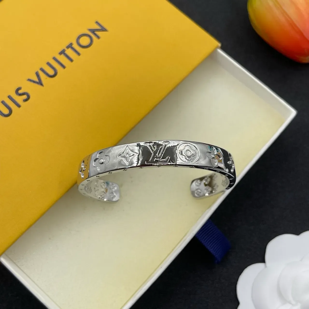 Louis Vuitton Silver Blue Polished Open Cuff Bracelet 7