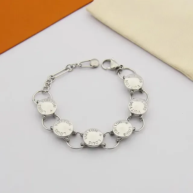 Louis Vuitton Silver Gold Chain-Link Engraved Disc Charms Bracelet 5