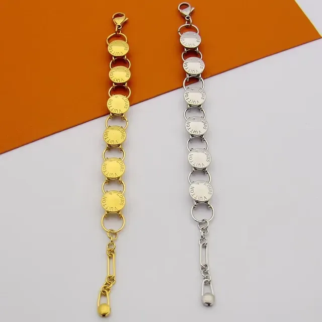 Louis Vuitton Silver Gold Chain-Link Engraved Disc Charms Bracelet 7