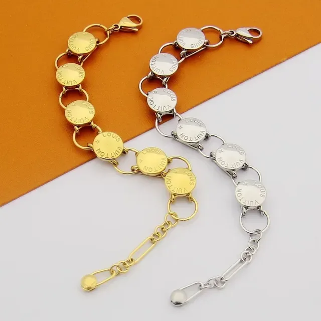 Louis Vuitton Silver Gold Chain-Link Engraved Disc Charms Bracelet 8