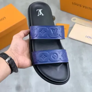 Louis Vuitton Slide Black Blue Monogram-Embossed Rubber Straps Molded Sole Slippers