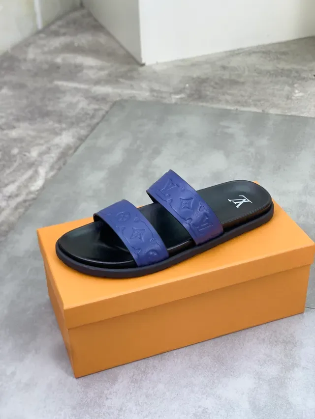 Louis Vuitton Slide Black Blue Monogram-Embossed Rubber Straps Molded Sole Slippers 3