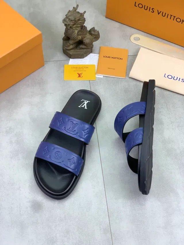 Louis Vuitton Slide Black Blue Monogram-Embossed Rubber Straps Molded Sole Slippers 4