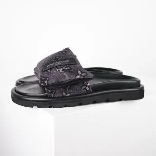 Louis Vuitton Slide Black Gray Platform Sole Monogrammed Fabric Strap Slippers