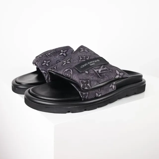 Louis Vuitton Slide Black Gray Platform Sole Monogrammed Fabric Strap Slippers 2