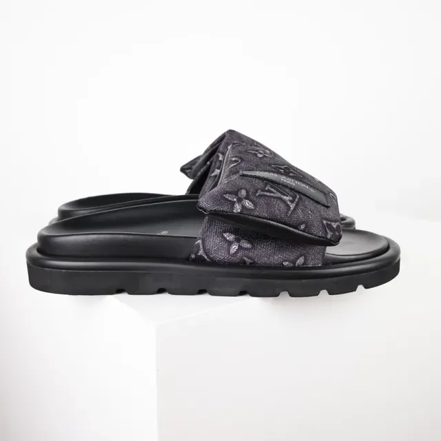 Louis Vuitton Slide Black Gray Platform Sole Monogrammed Fabric Strap Slippers 3