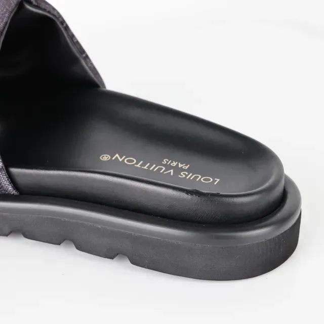 Louis Vuitton Slide Black Gray Platform Sole Monogrammed Fabric Strap Slippers 4