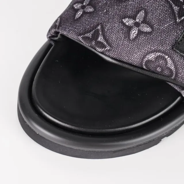 Louis Vuitton Slide Black Gray Platform Sole Monogrammed Fabric Strap Slippers 5