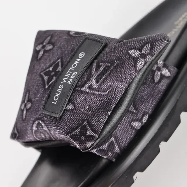 Louis Vuitton Slide Black Gray Platform Sole Monogrammed Fabric Strap Slippers 6
