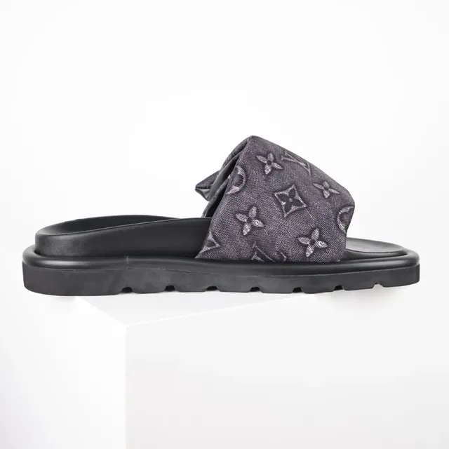 Louis Vuitton Slide Black Gray Platform Sole Monogrammed Fabric Strap Slippers 7