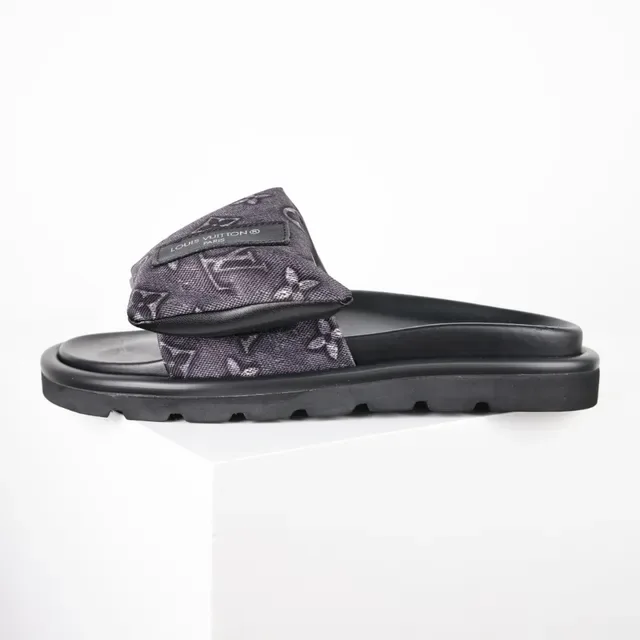 Louis Vuitton Slide Black Gray Platform Sole Monogrammed Fabric Strap Slippers 9