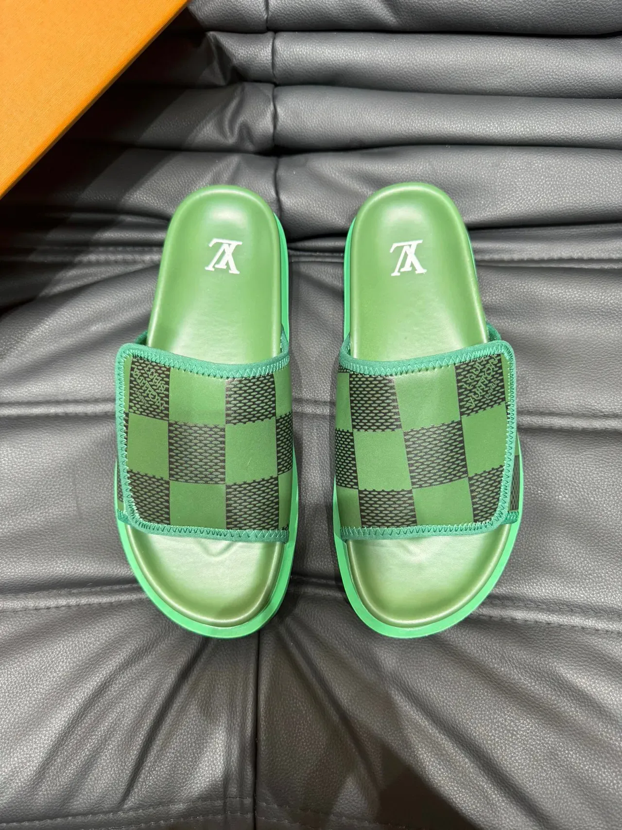 Louis Vuitton Slide Green Checkered Strap Slippers 2