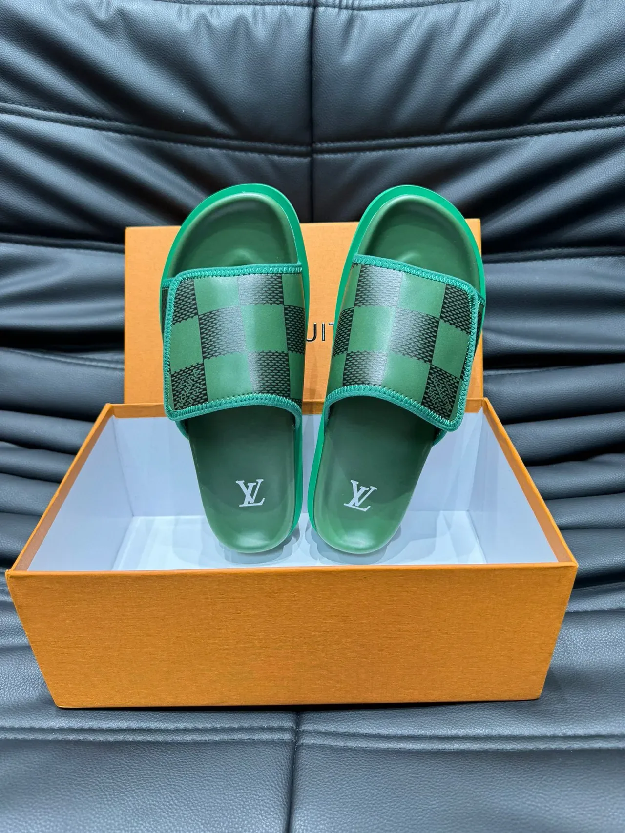Louis Vuitton Slide Green Checkered Strap Slippers 5