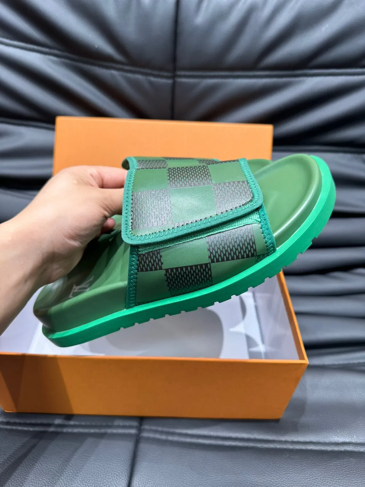 Louis Vuitton Slide Green Checkered Strap Slippers 6