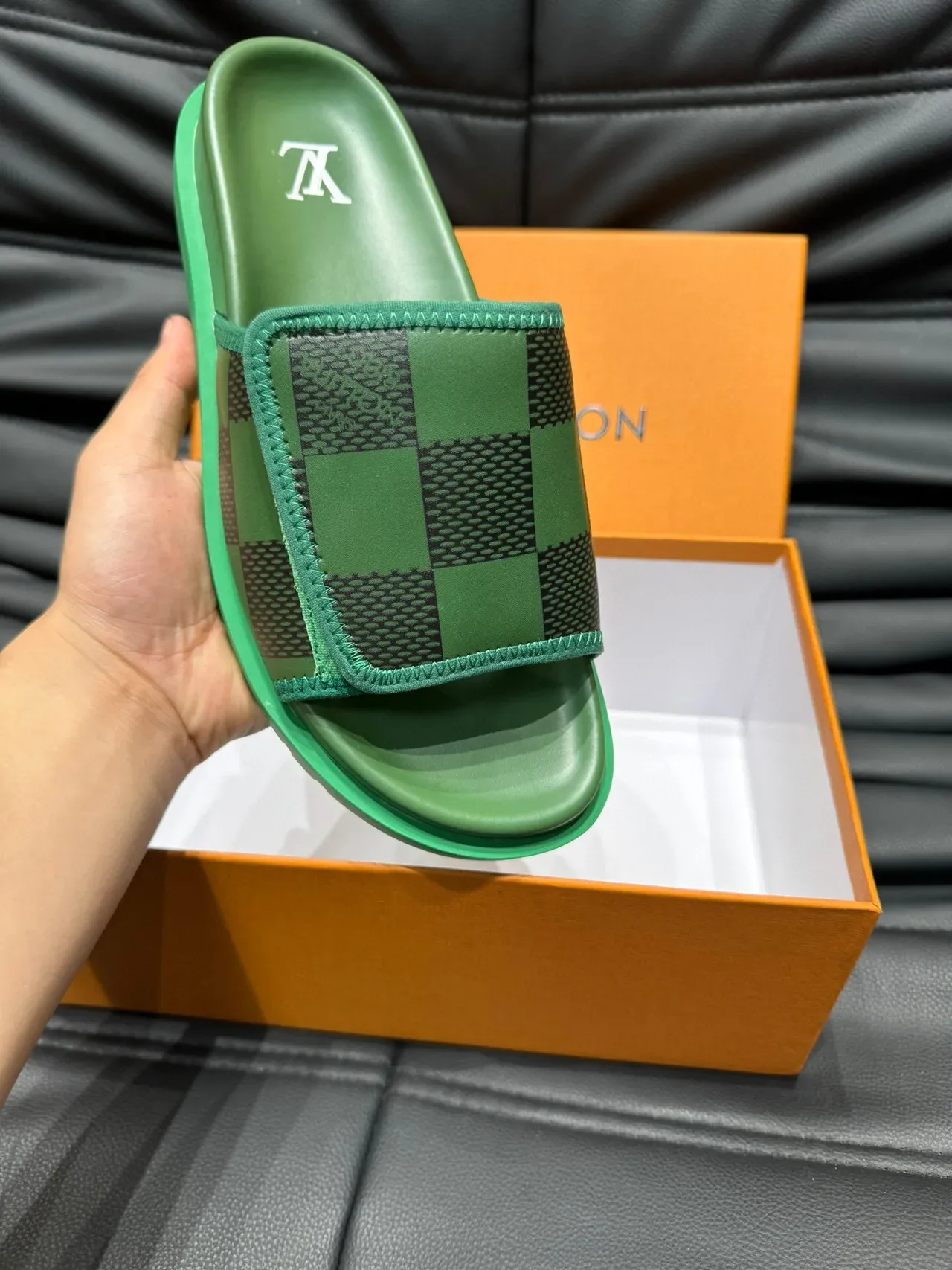 Louis Vuitton Slide Green Checkered Strap Slippers 7