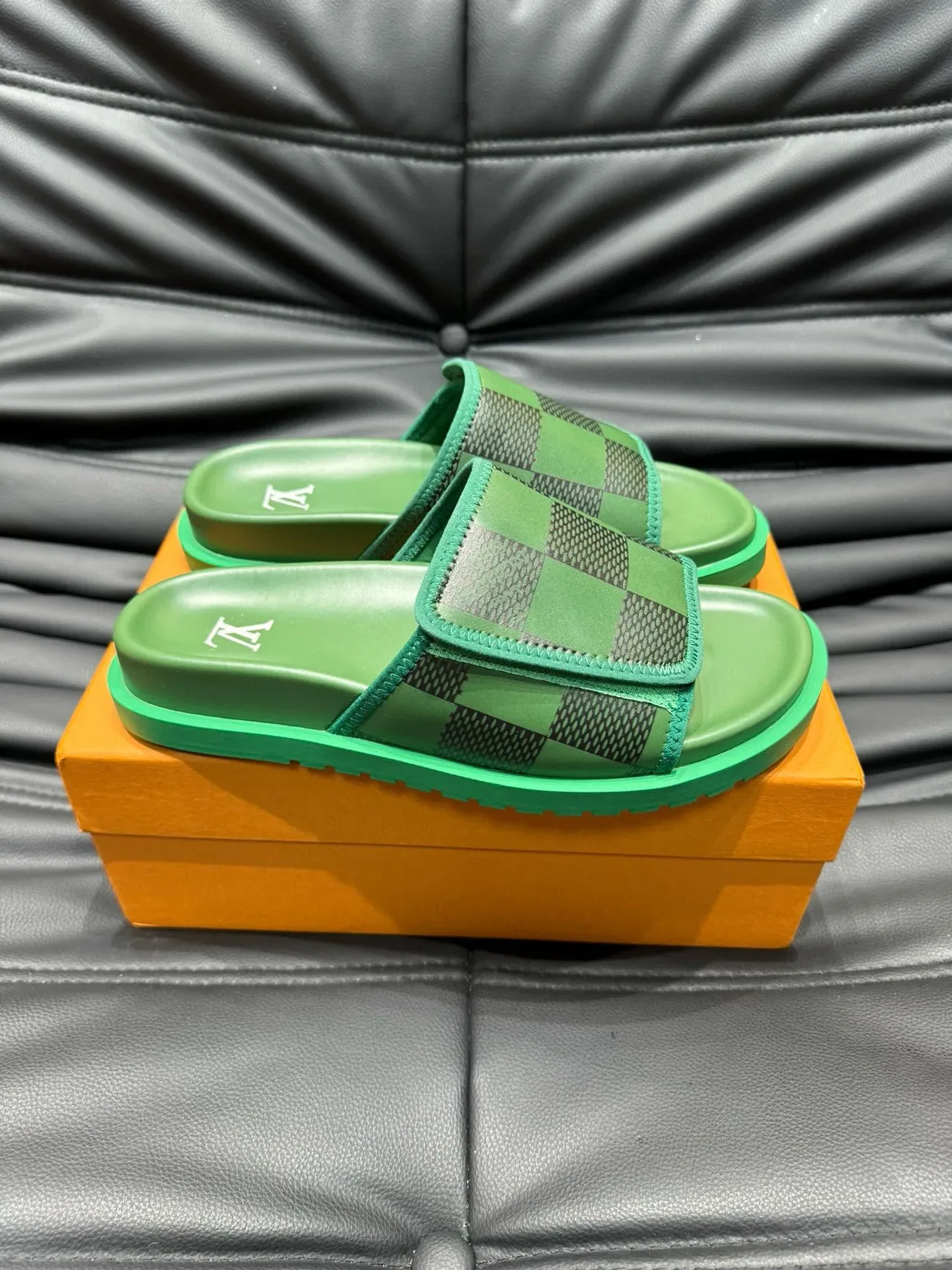 Louis Vuitton Slide Green Checkered Strap Slippers 9