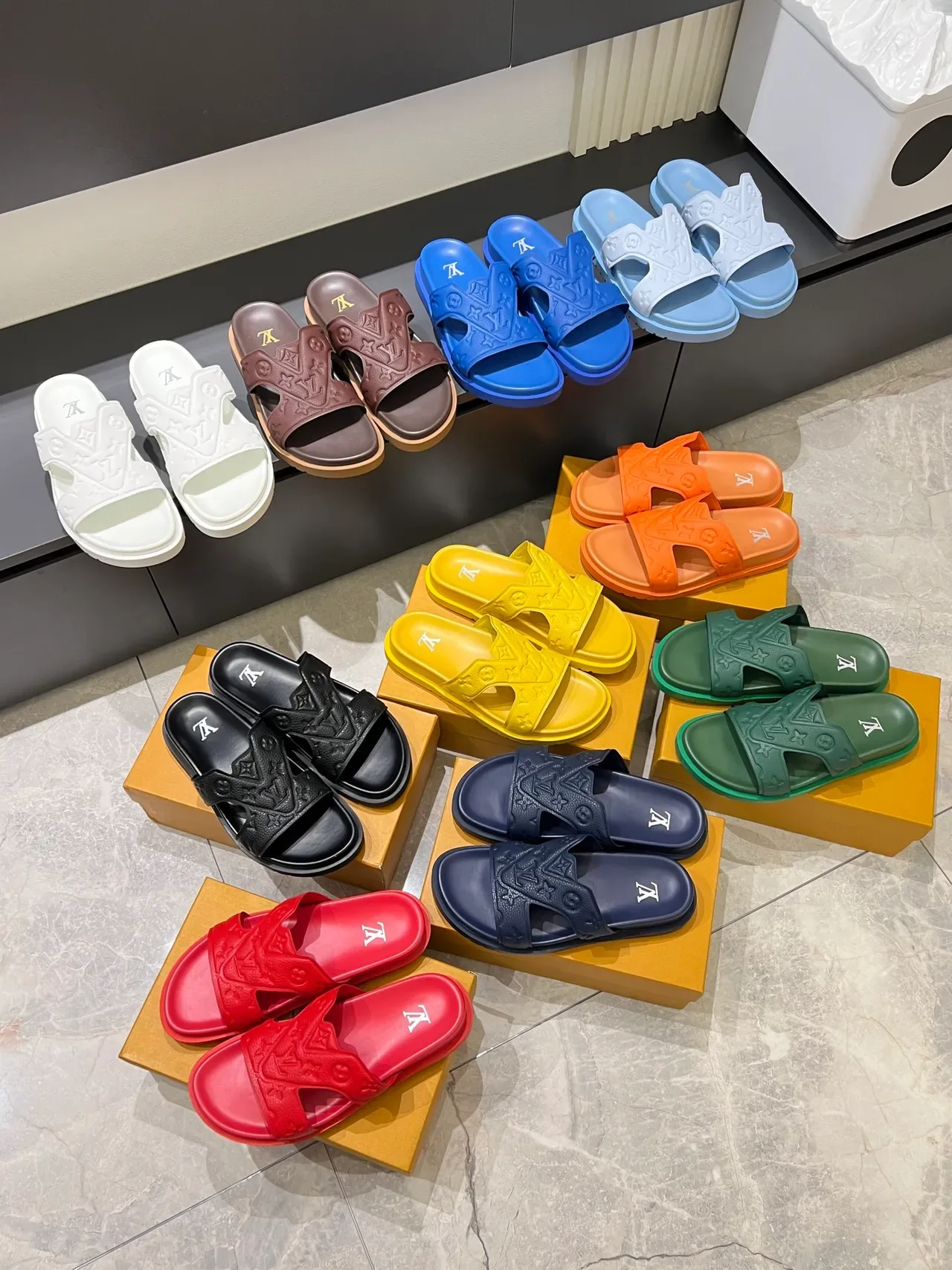 Louis Vuitton Slide Multicolor Molded Monogram Strap Flat Sole Slippers 1