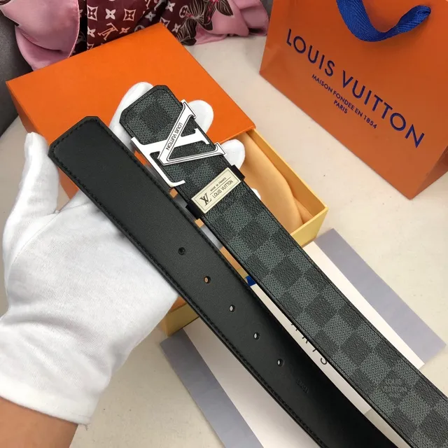 Louis Vuitton Turn-Lock Belt Black Silver Damier Graphite Checkered Canvas Buckle Leather Belt 5