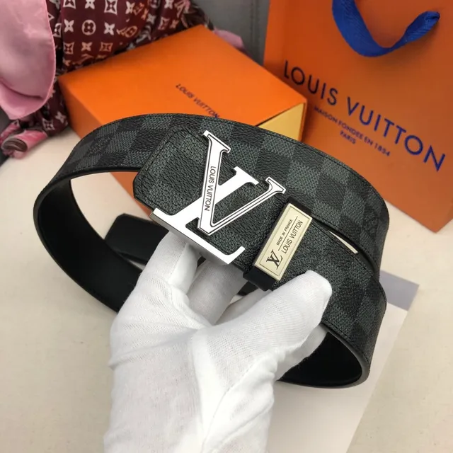 Louis Vuitton Turn-Lock Belt Black Silver Damier Graphite Checkered Canvas Buckle Leather Belt 8