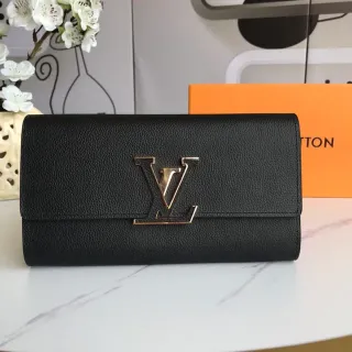 Louis Vuitton Twist Black Gold Pebbled Leather LV Clasp Long Wallet